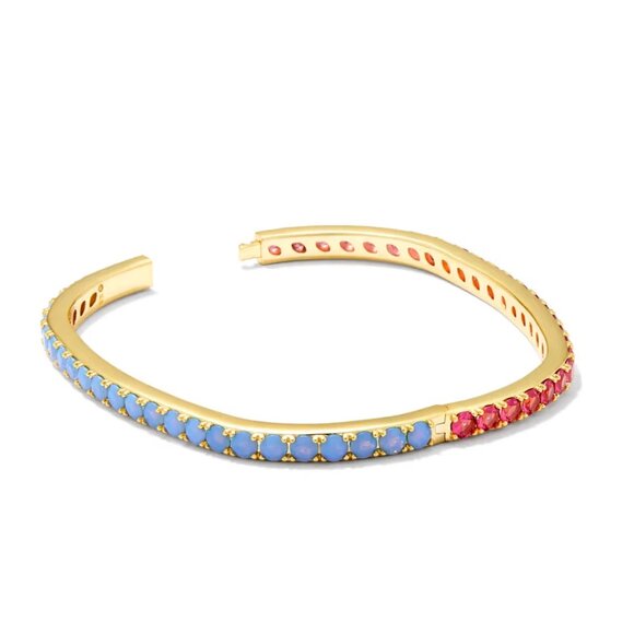 Kendra Scott Chandler Blue Opal Pink Crystal Mix Bangle Gold Bracelet sz S/M NWT - Picture 2 of 2